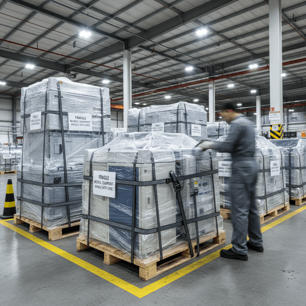 Medical equipment prepared and packaged for international shipping