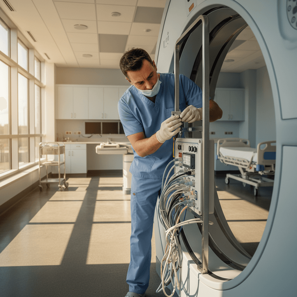 Technician inspecting medical diagnostic equipment during installation