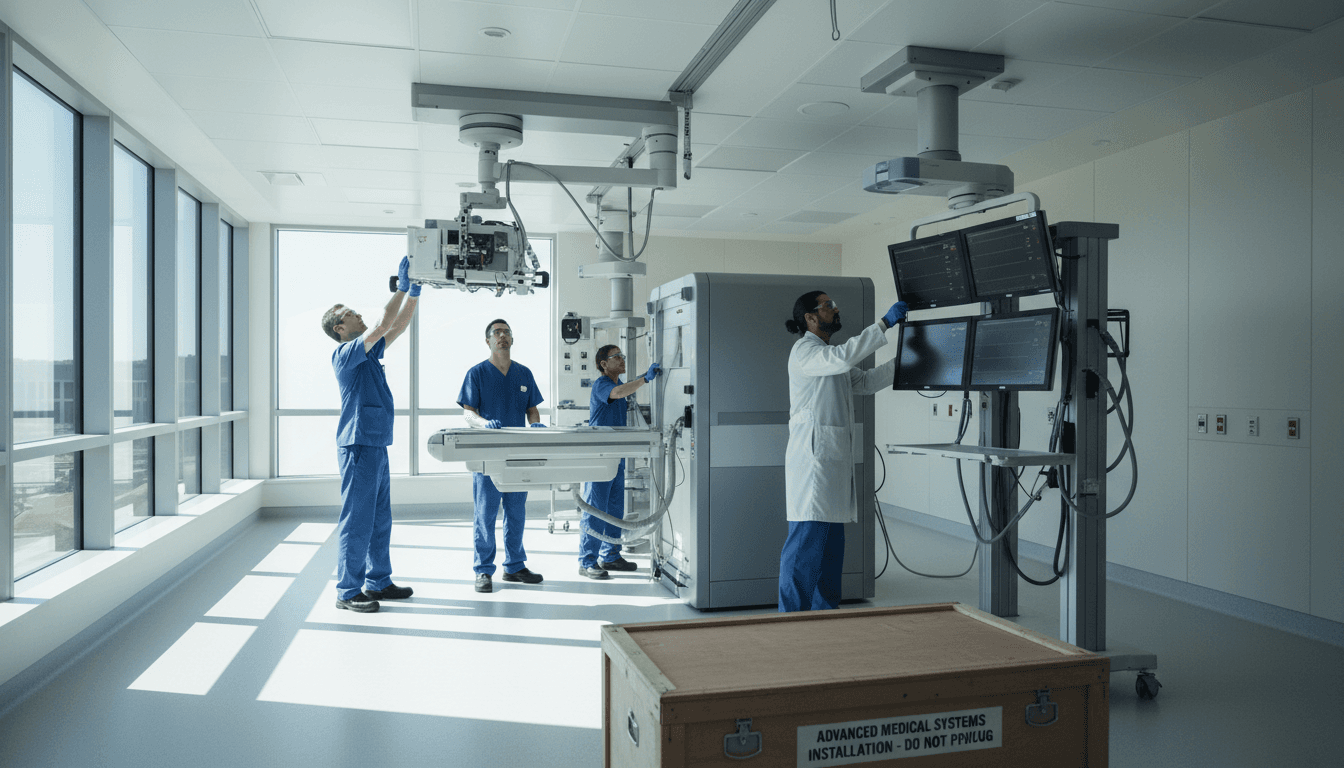 Professional installation of medical equipment in a modern hospital facility