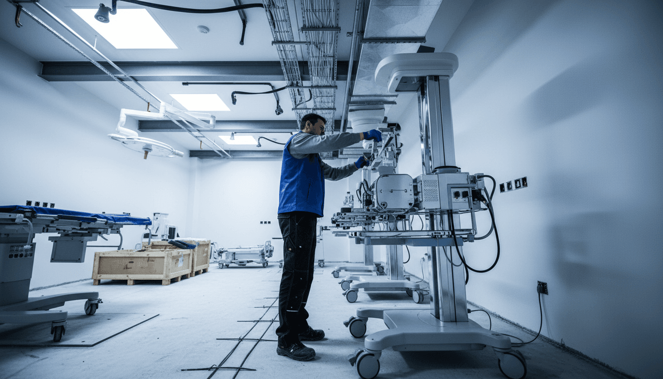 Hospital equipment installation in progress with technician positioning medical machinery