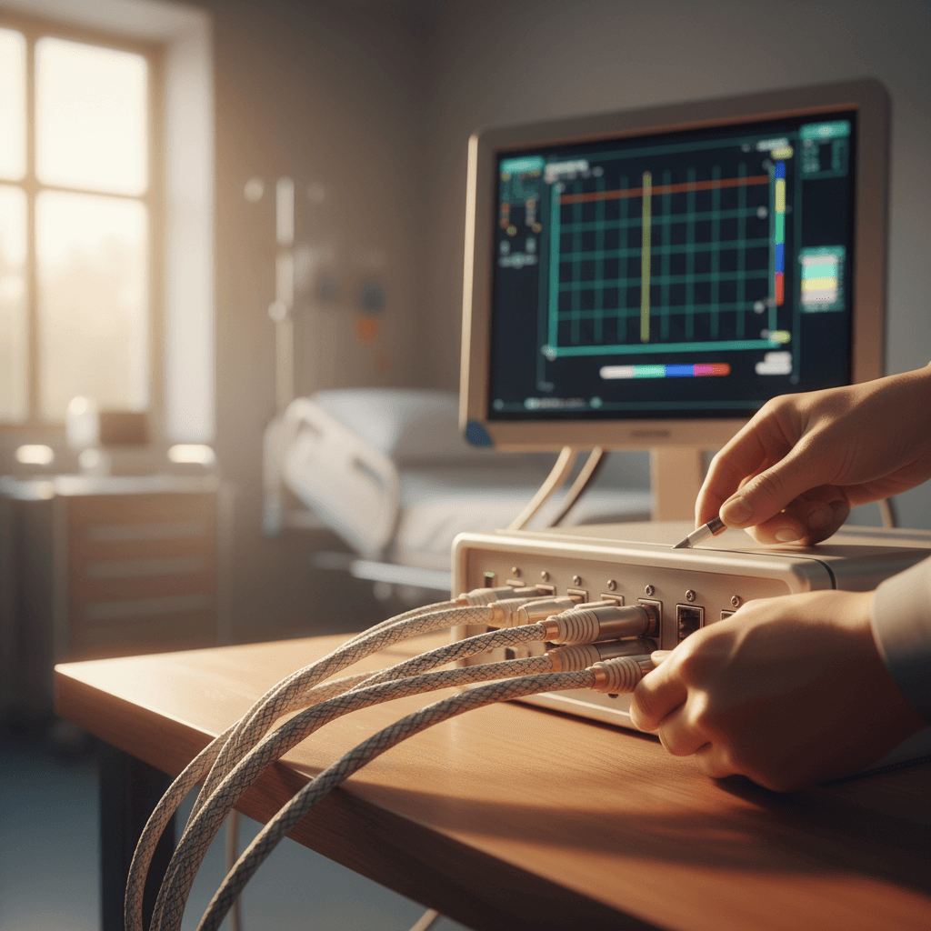 Close-up of medical equipment cable connections during setup