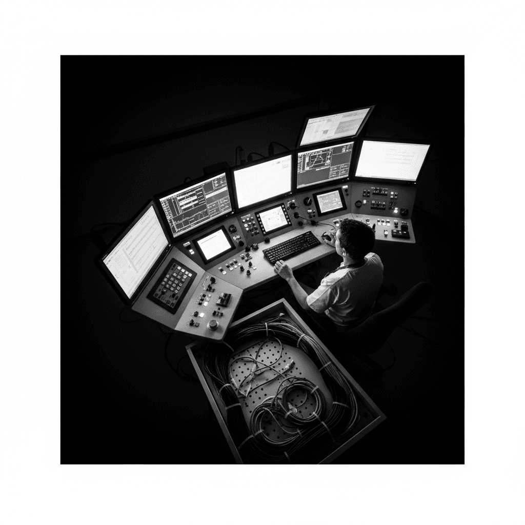 Technician operating hospital equipment control and monitoring station