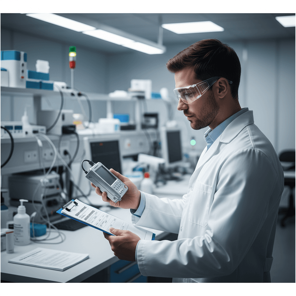 Quality inspector verifying medical equipment standards