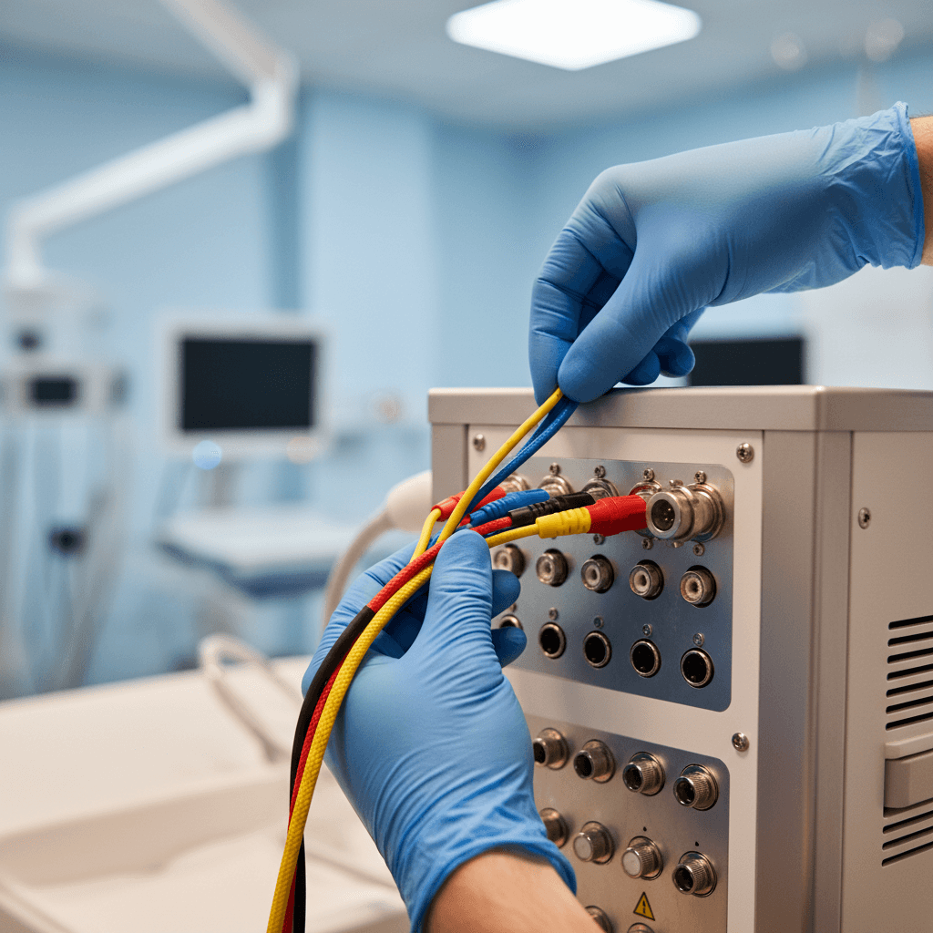 Technician installing diagnostic equipment with precision