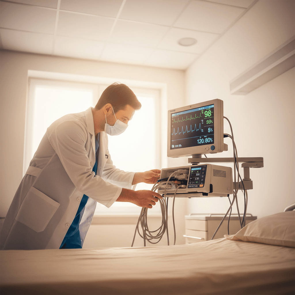 Hospital technician installing medical equipment