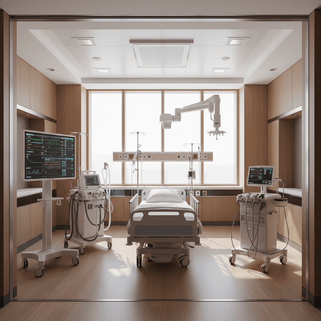 Fully equipped hospital room with integrated medical systems