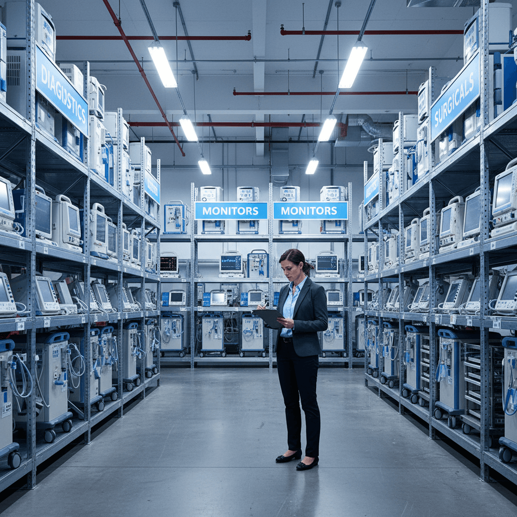 Medical equipment organized in warehouse staging area