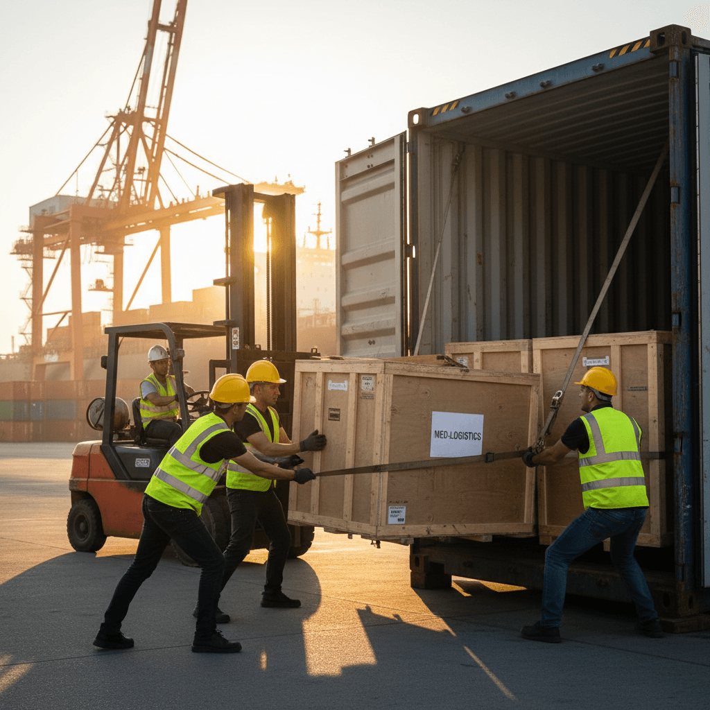 Medical equipment being prepared for international shipment