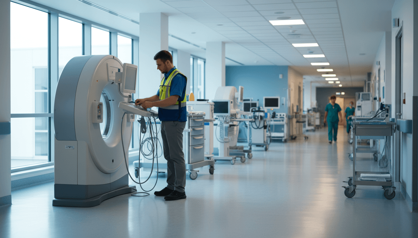 Hospital technician completing medical equipment installation in modern facility