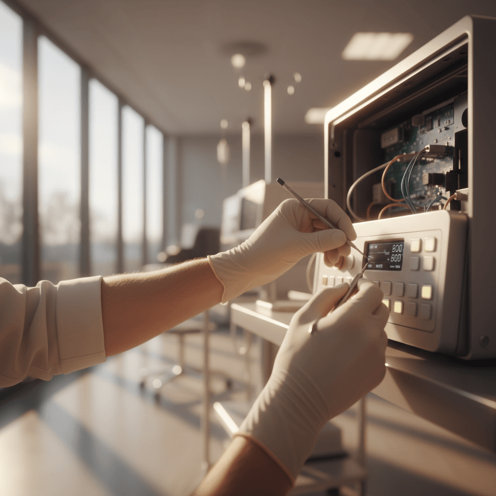 Technician installing and calibrating hospital equipment